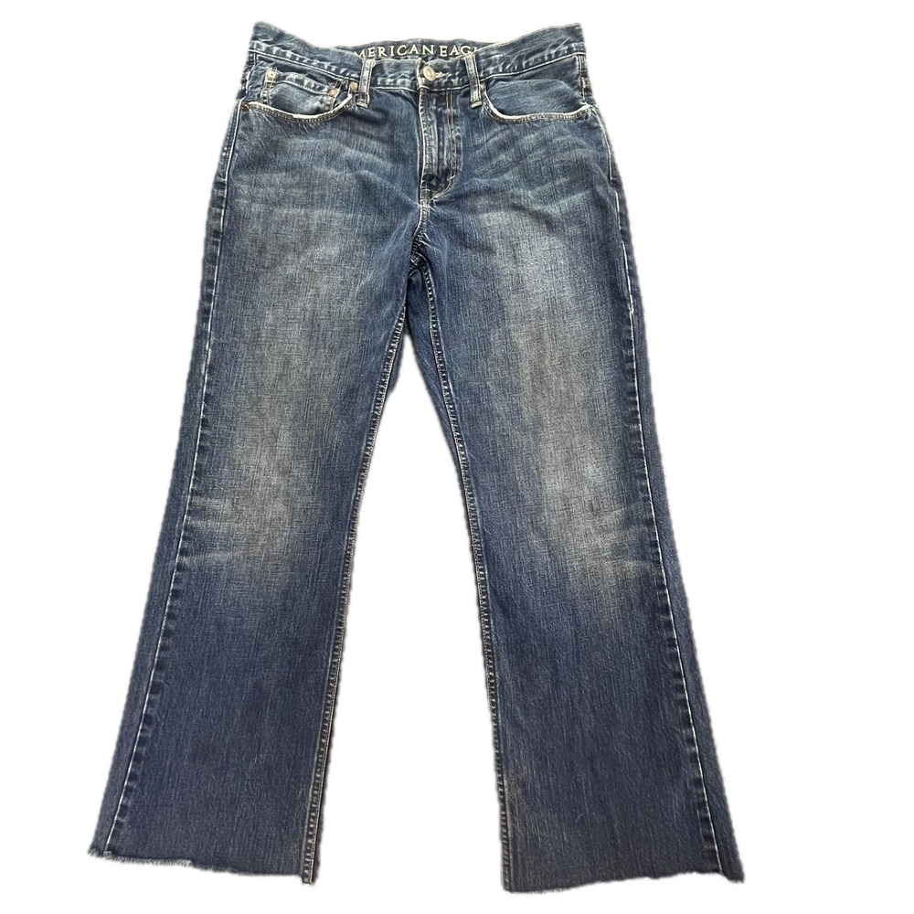 American Eagle Bootcut Jeans Mens 34x28.5 Medium Wash Distressed Frayed Hem